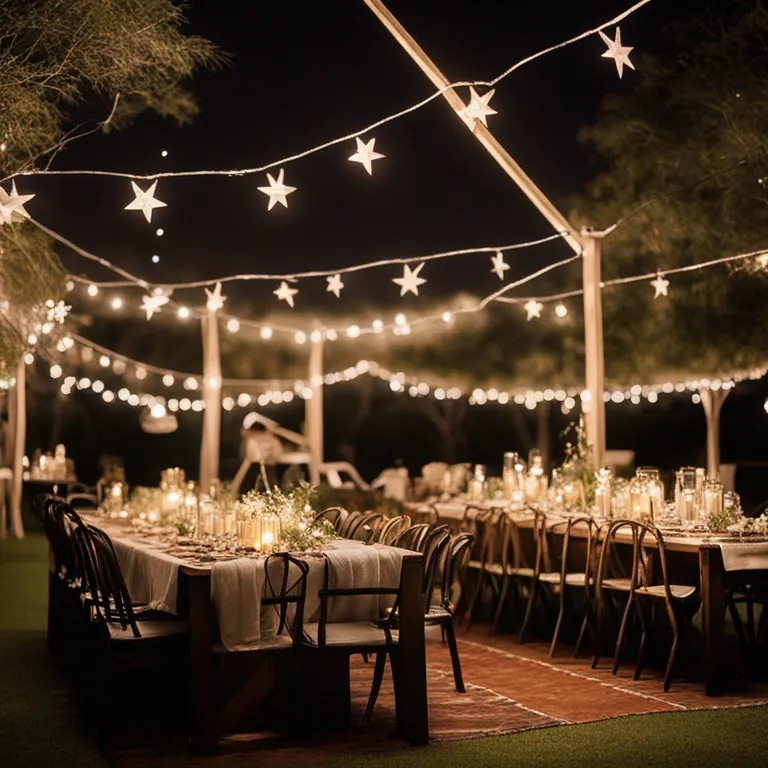 A long outdoor dinner table under strings of warm lights