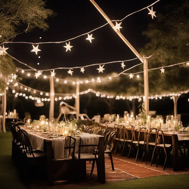 Outdoor dinner under string lights